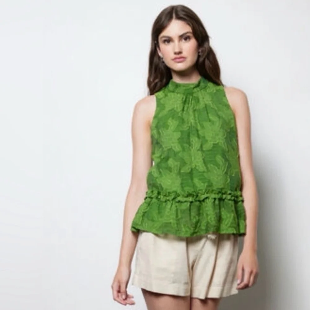 Maeve Anthropologie Savannah Embroidered Green Floral Swing Ruffle Blouse‎ Sz 2